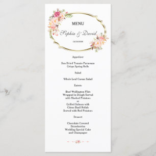 Menu Mariage Romantique Rose Floral Gold Frame