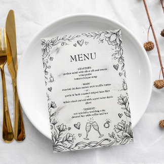 Menu Mariage Romantique Rustique Dessin à la Main