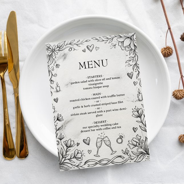 Menu Mariage Romantique Rustique Dessin à la Main  (Créateur téléchargé)