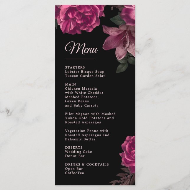 Menu Mariage romantique sombre de roses dessinées à la  (Devant)