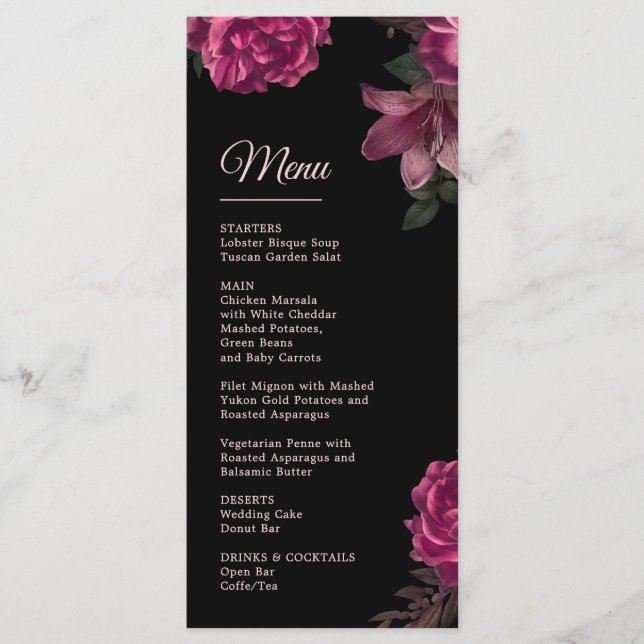 Menu Mariage romantique sombre de roses dessinées à la  (Devant)