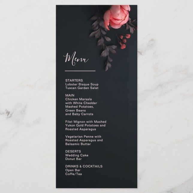 Menu Mariage romantique sombre Fleurs 3D Rose (Devant)