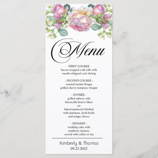 Menu Mariage Rose Aquarelle Blush (Devant)