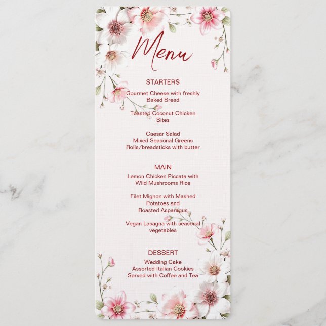 Menu Mariage Rose Blanc Floral (Devant)