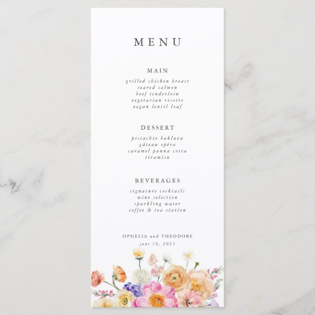 Menu Mariage rose Bleu Botanique Moderne Élégant (Devant)