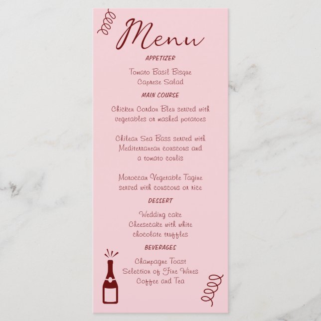 Menu Mariage Rose Caprices et Gribouillis Fantaisistes  (Devant)