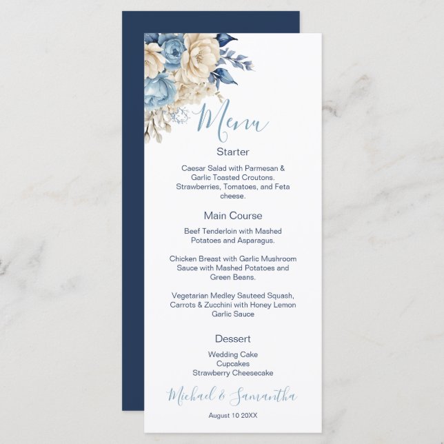 Menu Mariage Rose élégant bleu et ivoire (Devant / Derrière)