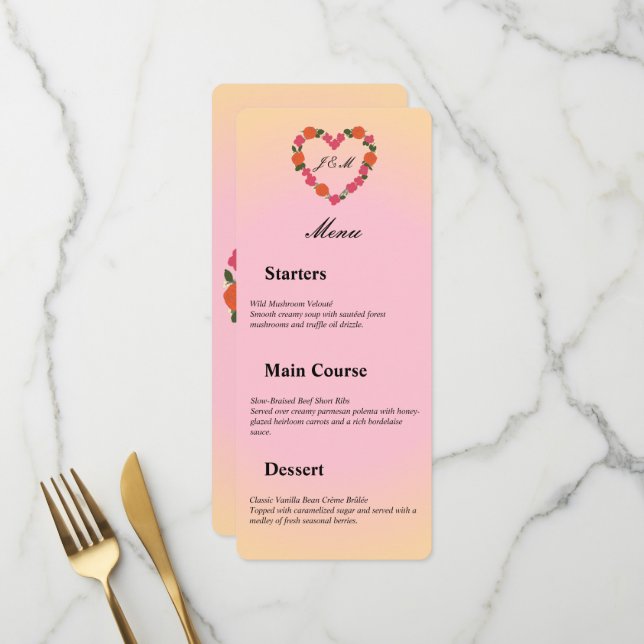 Menu mariage rose et orange (Devant/Arrière en situation)