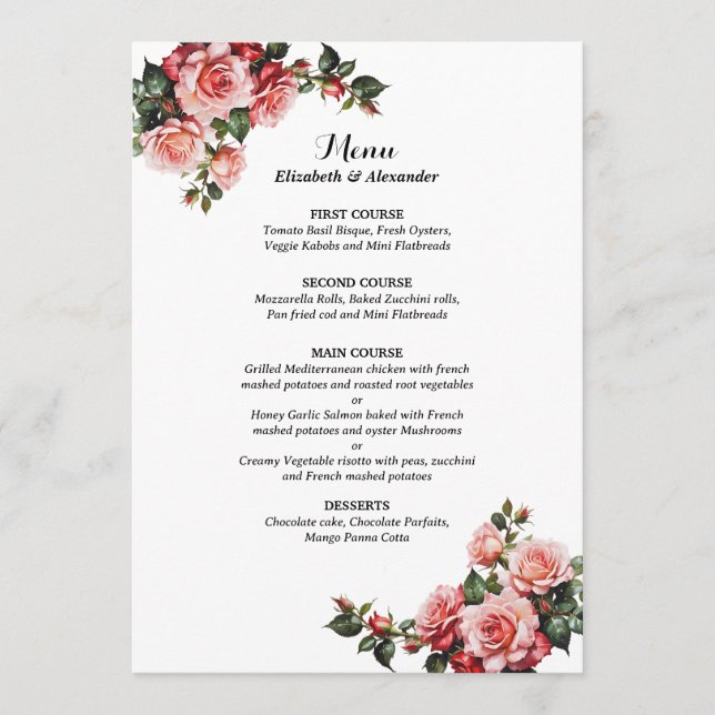 Menu Mariage rose et rouge foncé moody (Devant)