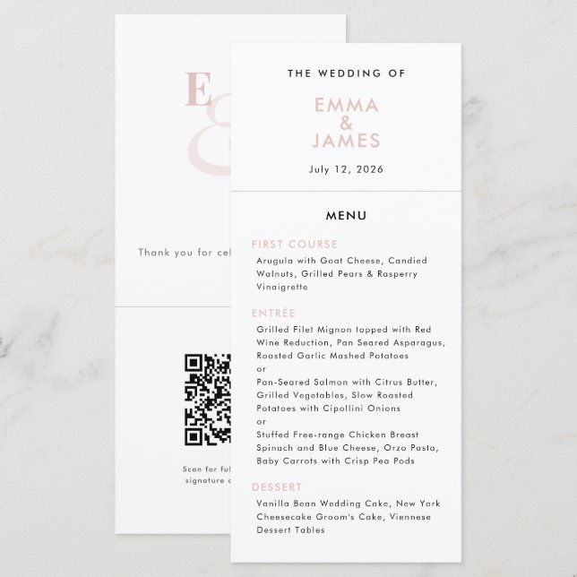 Menu Mariage Rose Pâle Ampersand | Code QR | Élégant (Devant / Derrière)