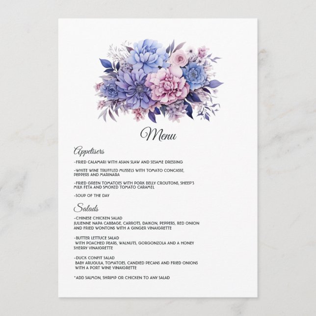 Menu Mariage Rose Pétale, Bleu Barbeau et Violet Mauve (Devant)