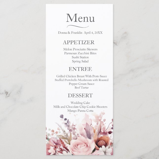 Menu Mariage rose Rose moderne Dusty (Devant)