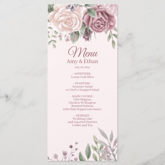 Menu Mariage rose Rustique Dusty Rose d'aquarelle (Devant)