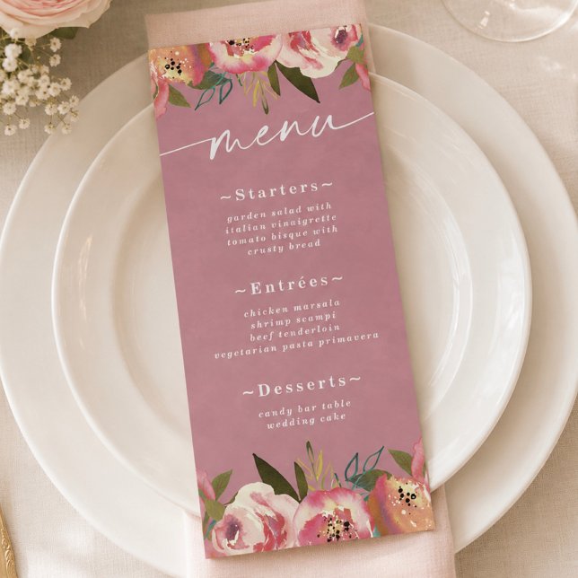 Menu Mariage Rose Sauvage Chic Fleurie (Elegant wild rose pink floral reception or event dinner menus)
