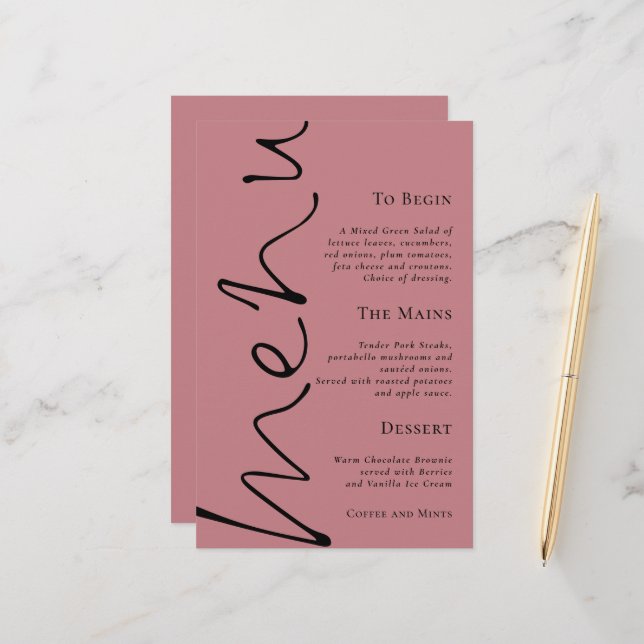 Menu Mariage Rose simple Dusty Script Budget (Devant/Arrière en situation)