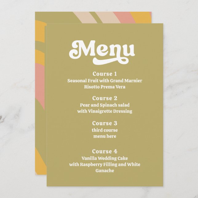 Menu Mariage rose vert les années 70 Super rétros (Devant / Derrière)