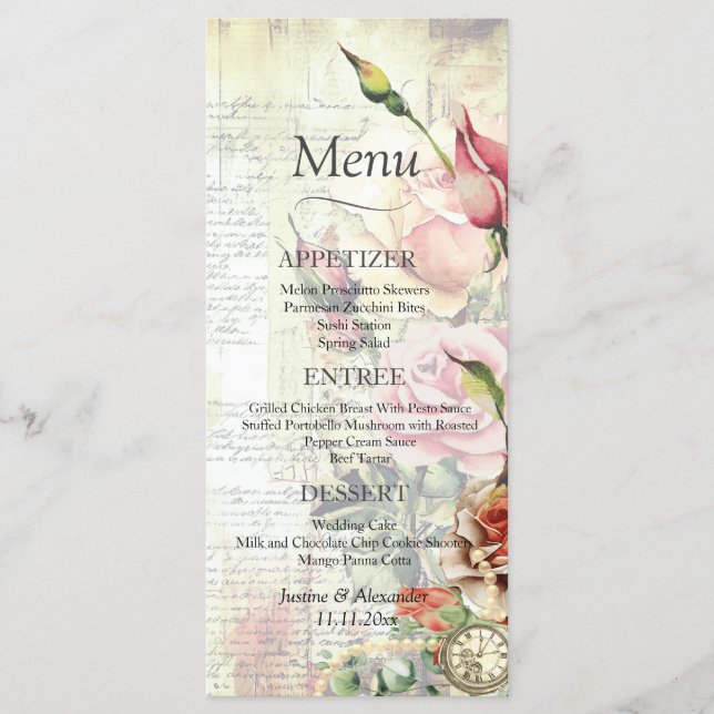Menu Mariage Rose vintage (Devant)