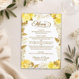 Menu Mariage Roses Jaunes Chic Feuilles Dorées