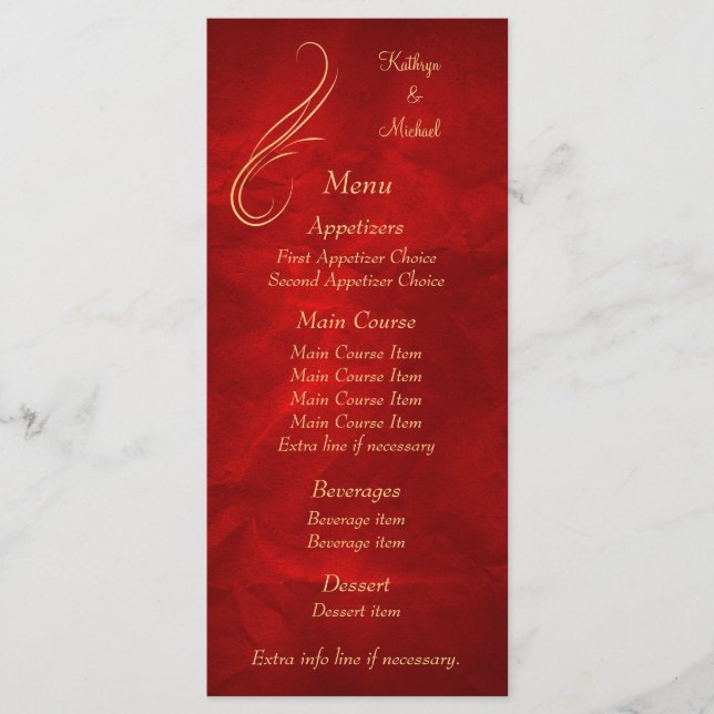 Menu Mariage rouge brillant Gold Swirl (Devant)