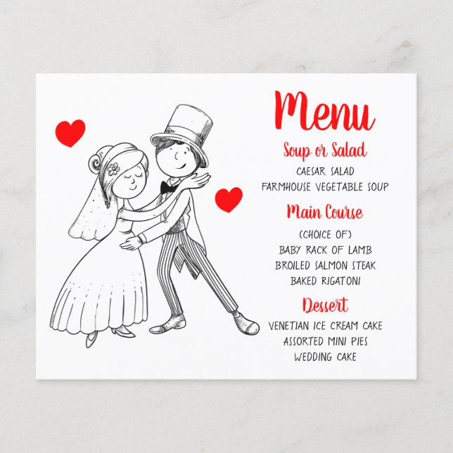 Menu Mariage Rouge Cute Cartoon Bride Groom (Devant)