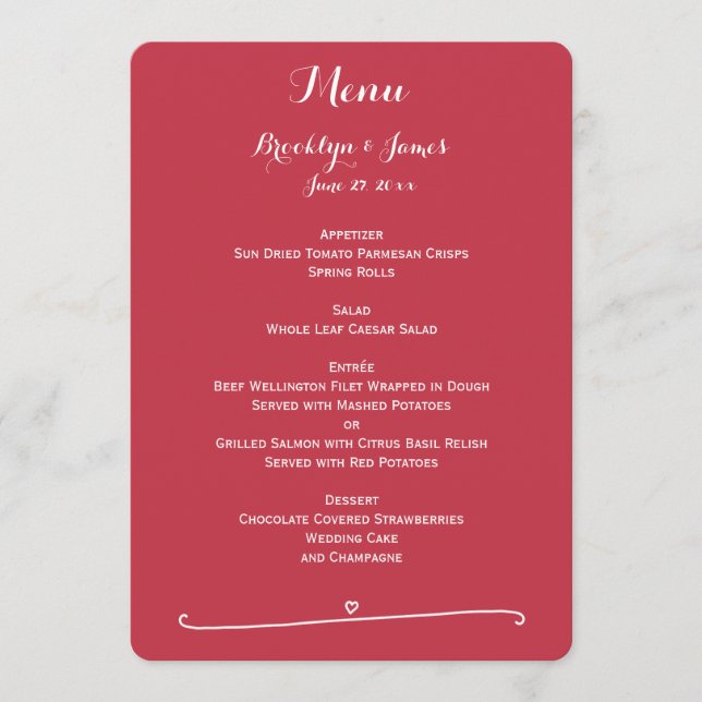 Menu Mariage rouge personnalisé avec coeur (Devant)