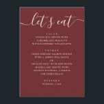 Menu Mariage Rouge Vin Profond | Soirée Romantique Mode<br><div class="desc">Cette carte de menu de mariage présente une mise en page moderne et épurée avec un titre en écriture cursive et des plats soigneusement organisés, ce qui permet aux invités de lire facilement d'un coup d'œil. Chaque section est clairement structurée, ce qui maintient un design minimal tout en mettant en...</div>