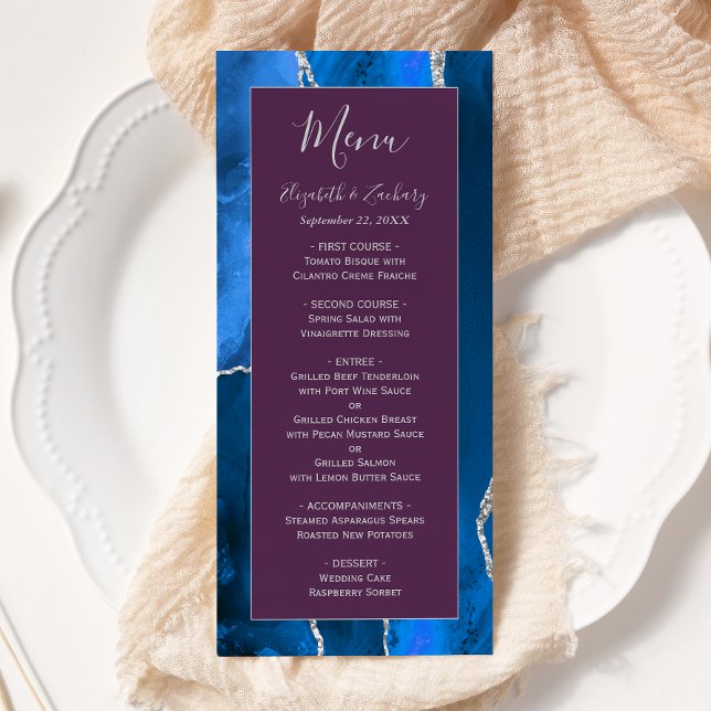 Menu Mariage Royal Bleu Argent Agate Prune (Créateur téléchargé)