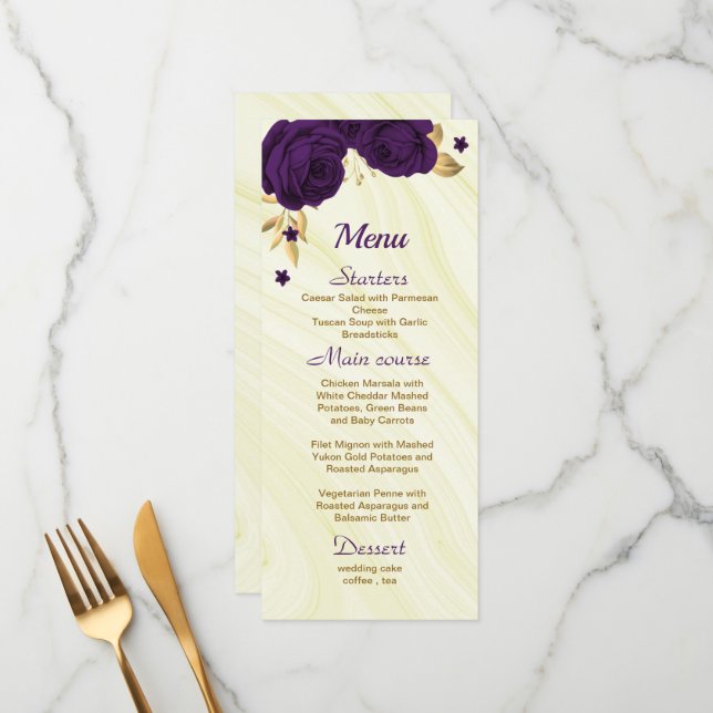 Menu mariage royal royal violet or fleuri (Devant/Arrière en situation)