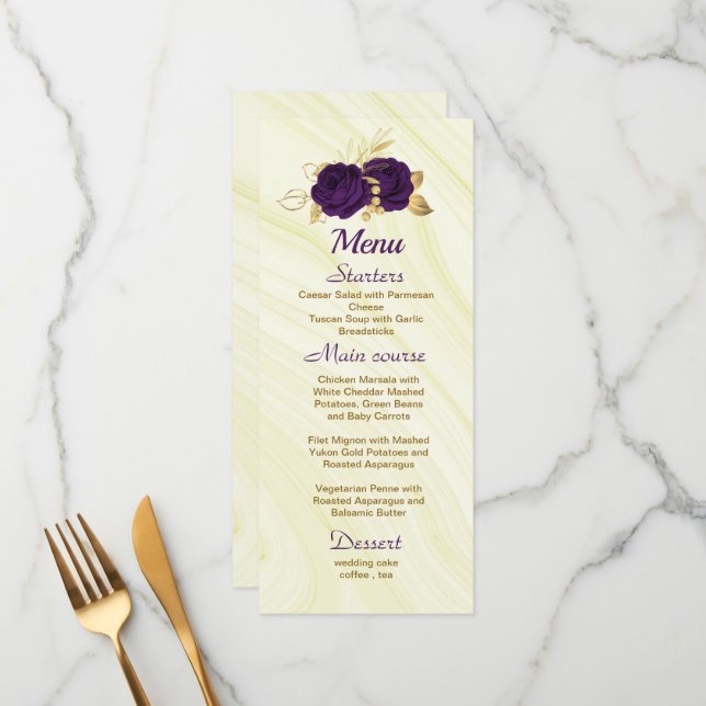 Menu mariage royal royal violet or fleuri (Devant/Arrière en situation)