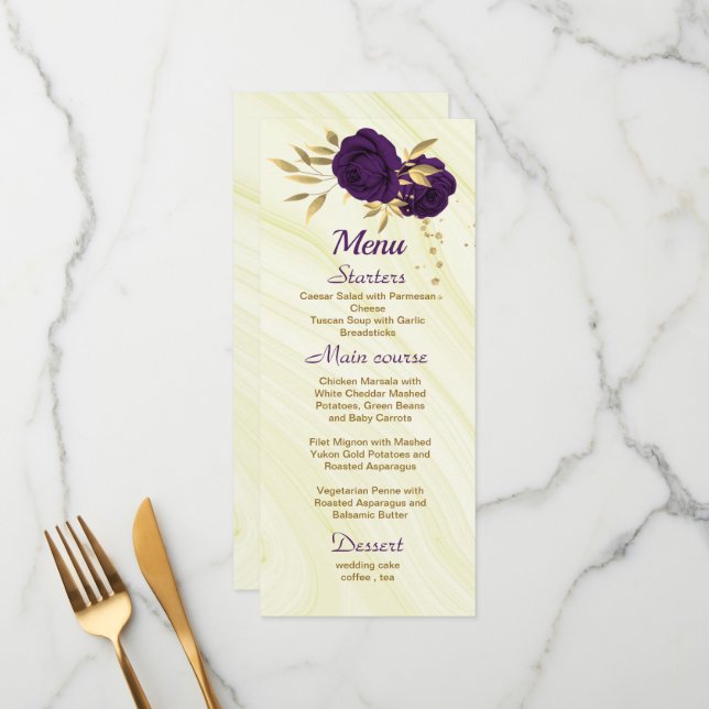 Menu mariage royal royal violet or fleuri (Devant/Arrière en situation)