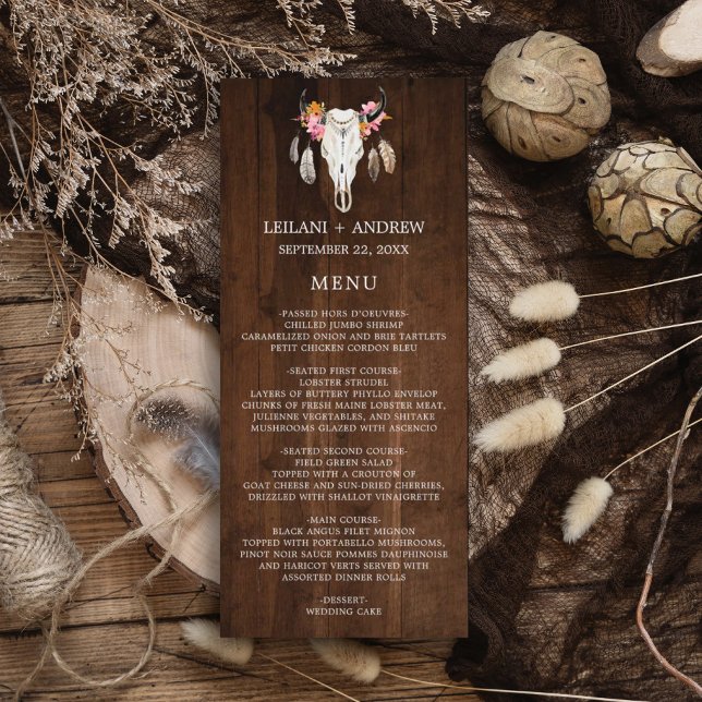 Menu Mariage Rustique Antler en bois foncé (Rustic wood with watercolor skull feather and flower. Perfect for that outdoor, barn, fall wedding.)