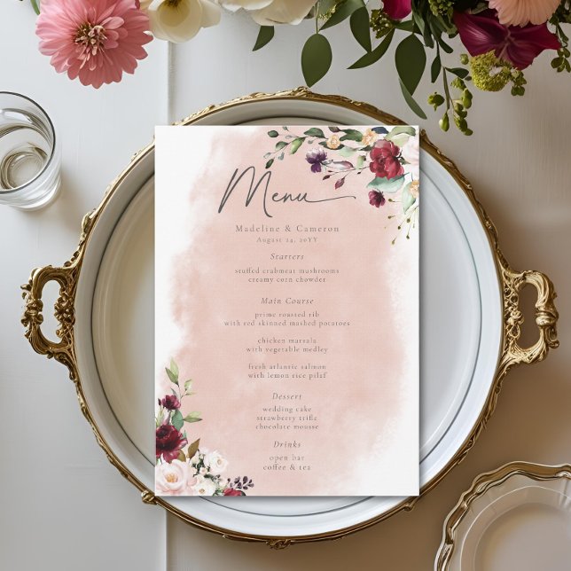 Menu Mariage Rustique Bourgogne & Roses Rose Pâle (Rustic Burgundy & Blush Pink Roses Wedding Menu)