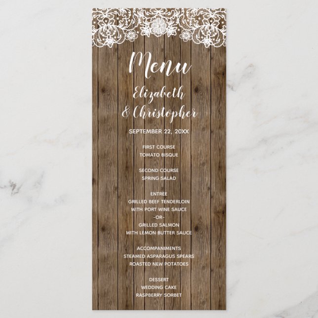 Menu Mariage Rustique Calligraphie Dentelle Bois de Gra (Devant)