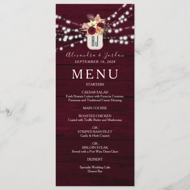 Menu Mariage Rustique de Bourgogne en Bois (Devant)