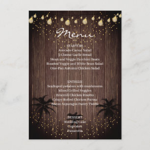 Menu Mariage rustique de campagne aux palmiers en bois