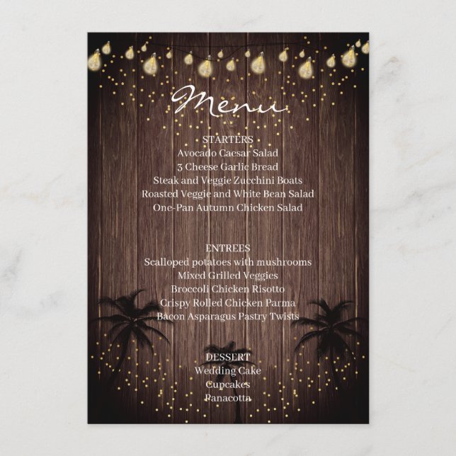 Menu Mariage rustique de campagne aux palmiers en bois (Devant)