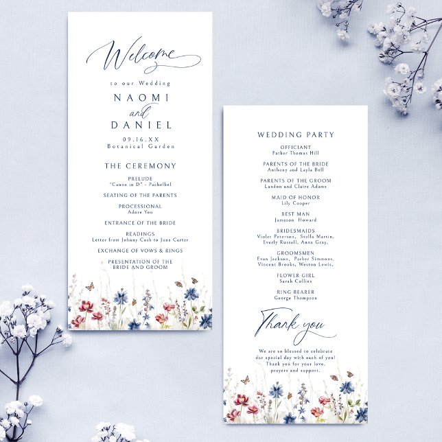 Menu Mariage rustique de fleurs sauvages aquarelle bleu (Navy Blue Watercolor Wildflower Rustic Wedding Menu)