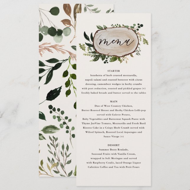 Menu mariage rustique élégant de verdure botanique (Devant / Derrière)
