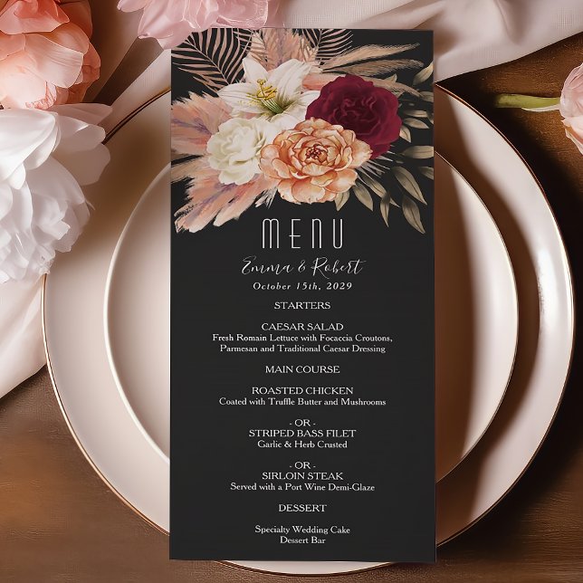 Menu Mariage rustique en Bourgogne et fleurs noires (Créateur téléchargé)