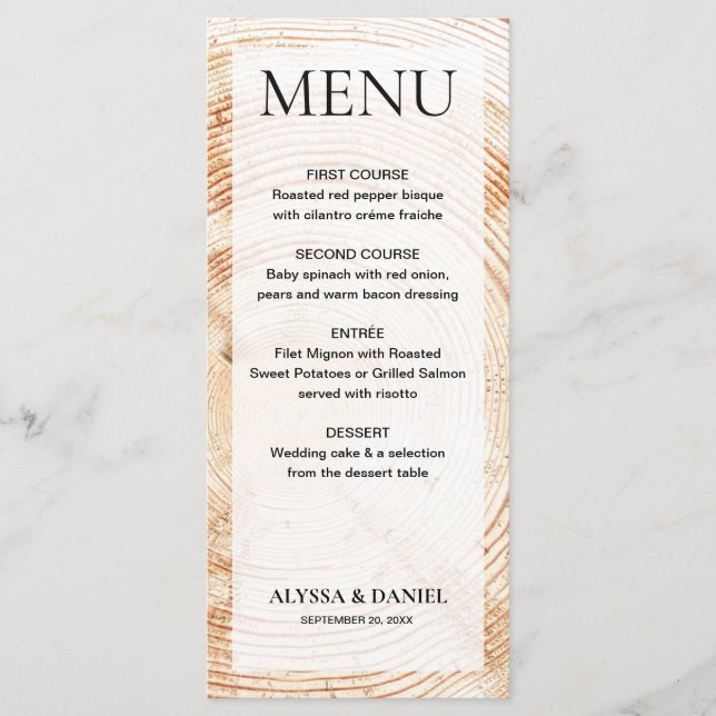 Menu Mariage rustique simple écorce bois sur arbre pers (Devant)