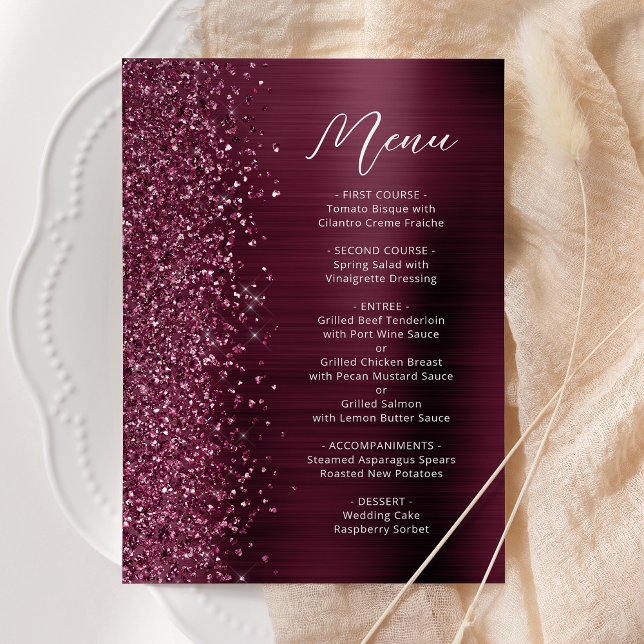 Menu Mariage Script Pailleté Glamour Bourgogne (Créateur téléchargé)