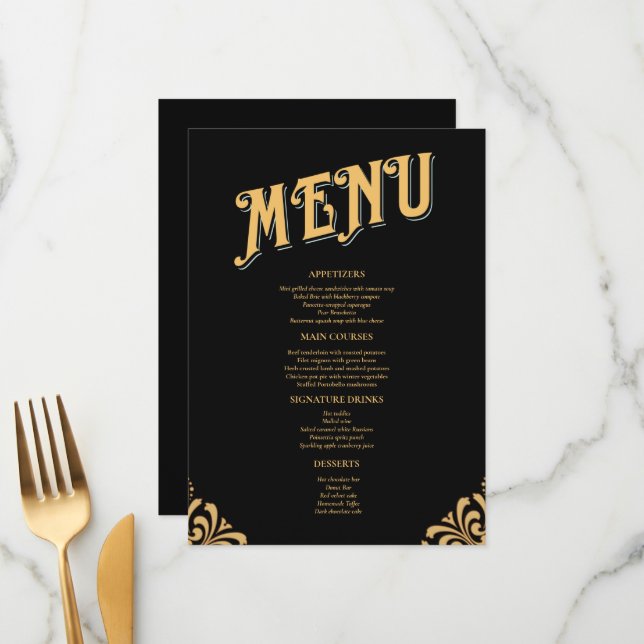 Menu Mariage simple Black and Gold Elegant (Devant/Arrière en situation)
