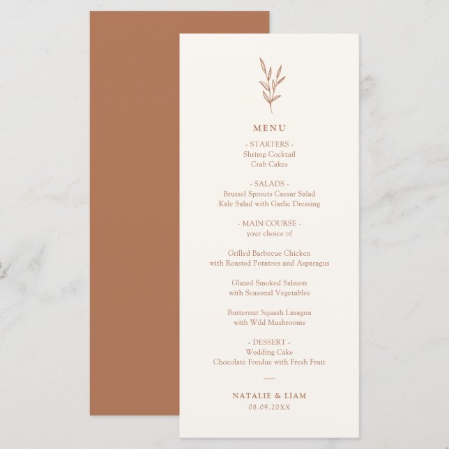 Menu Mariage simple Botanique Burnt Orange (Devant / Derrière)