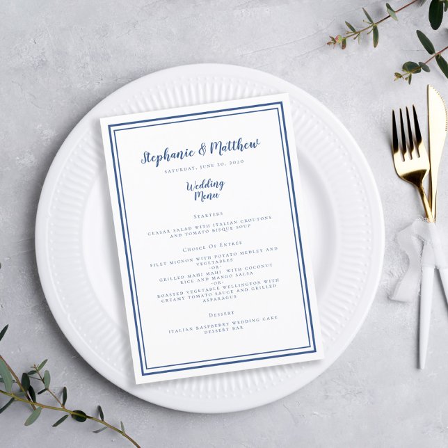 Menu Mariage Simple Classique Bleu Cadre Chic (Simple Wedding Menu Classic Blue Framed Chic Guest Dinner Menu)