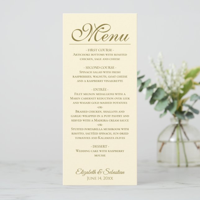 Menu Mariage simple Elegance Gold & Ivory Cream (Debout devant)