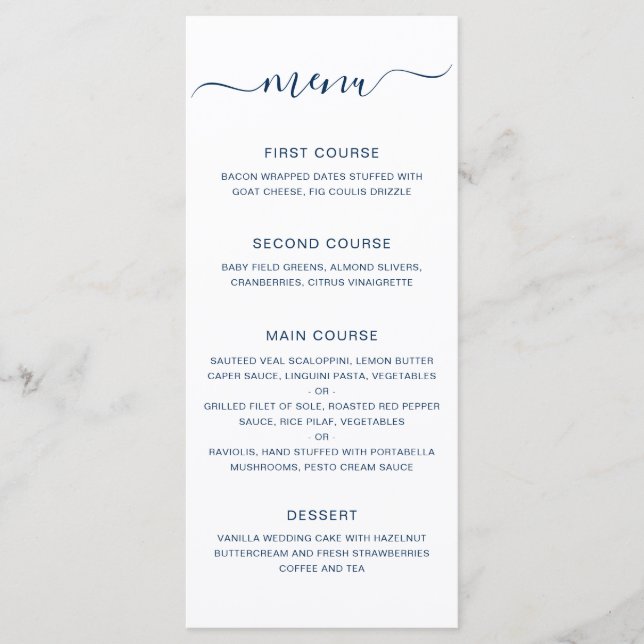 Menu Mariage Simple Élégant Bleu Nuit (Devant)