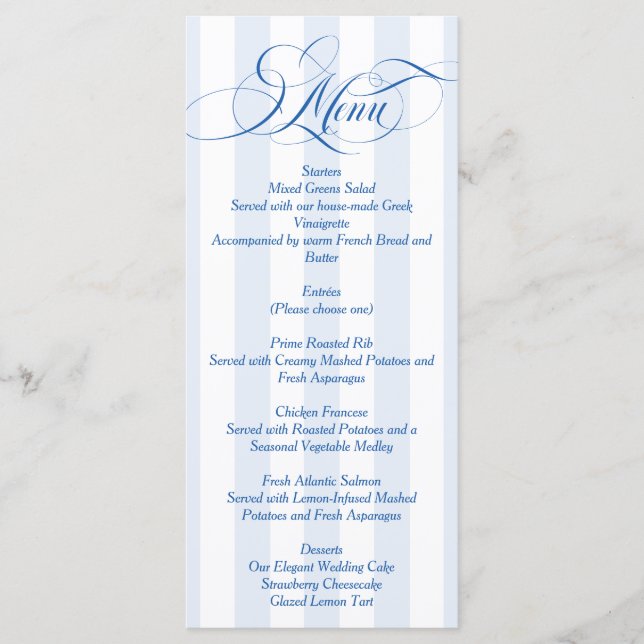 Menu Mariage simple élégant écriture bleue (Devant)