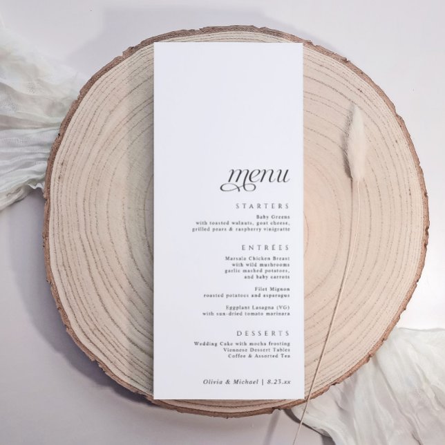 Menu Mariage simple élégant moderne (Simple elegant wedding menu aligned at the bottom for name tags at the top.)