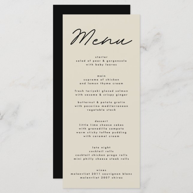 Menu Mariage simple et élégant noir & beige (Devant / Derrière)