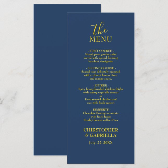 Menu Mariage simple et formel bleu marine et or (Devant / Derrière)